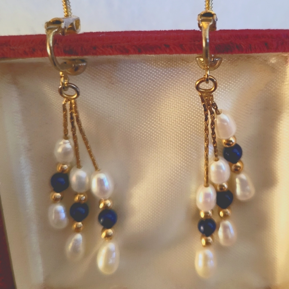 Lapis and seed pearl drop earrings. Screw on earrings.